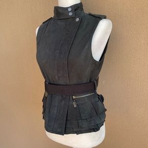 Manoush Black Genuine Lamb Leather Peplum, Belted Vest. NWT Size 6, (38).